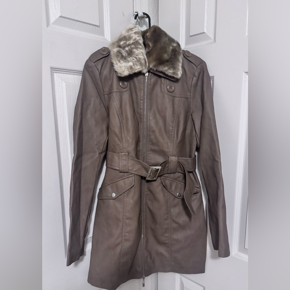 Cavalini Long Leather Fur Trim Coat